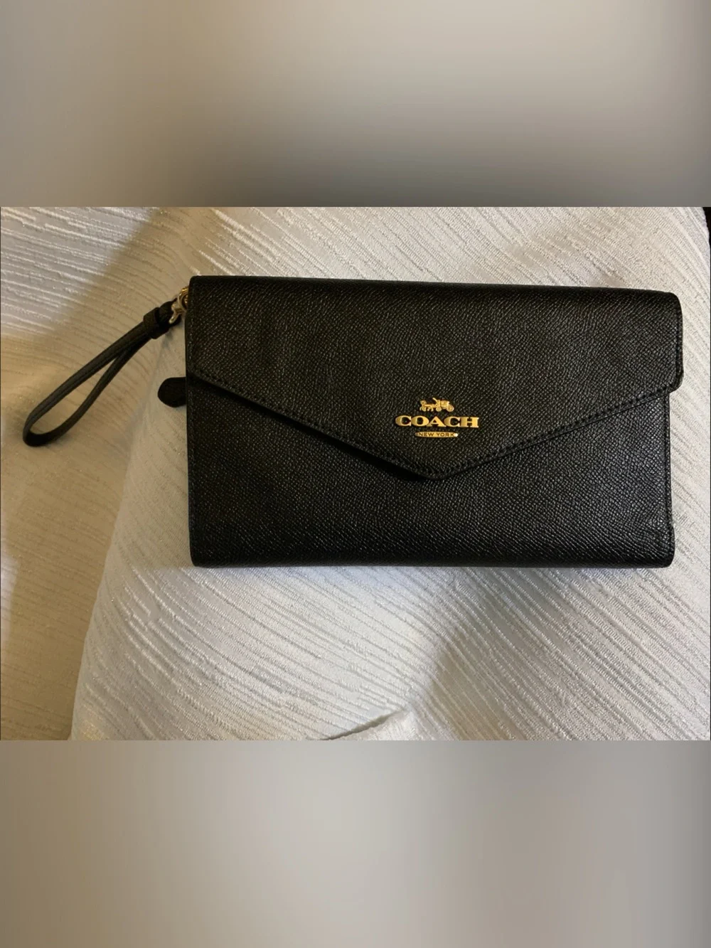 Coach Black Pebbled Leather Travel Wallet Wristlet with Gold Logo Accent